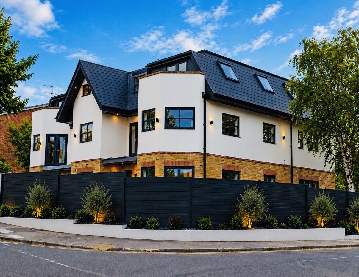 Completed exterior property finished with a clean light render and dark roof