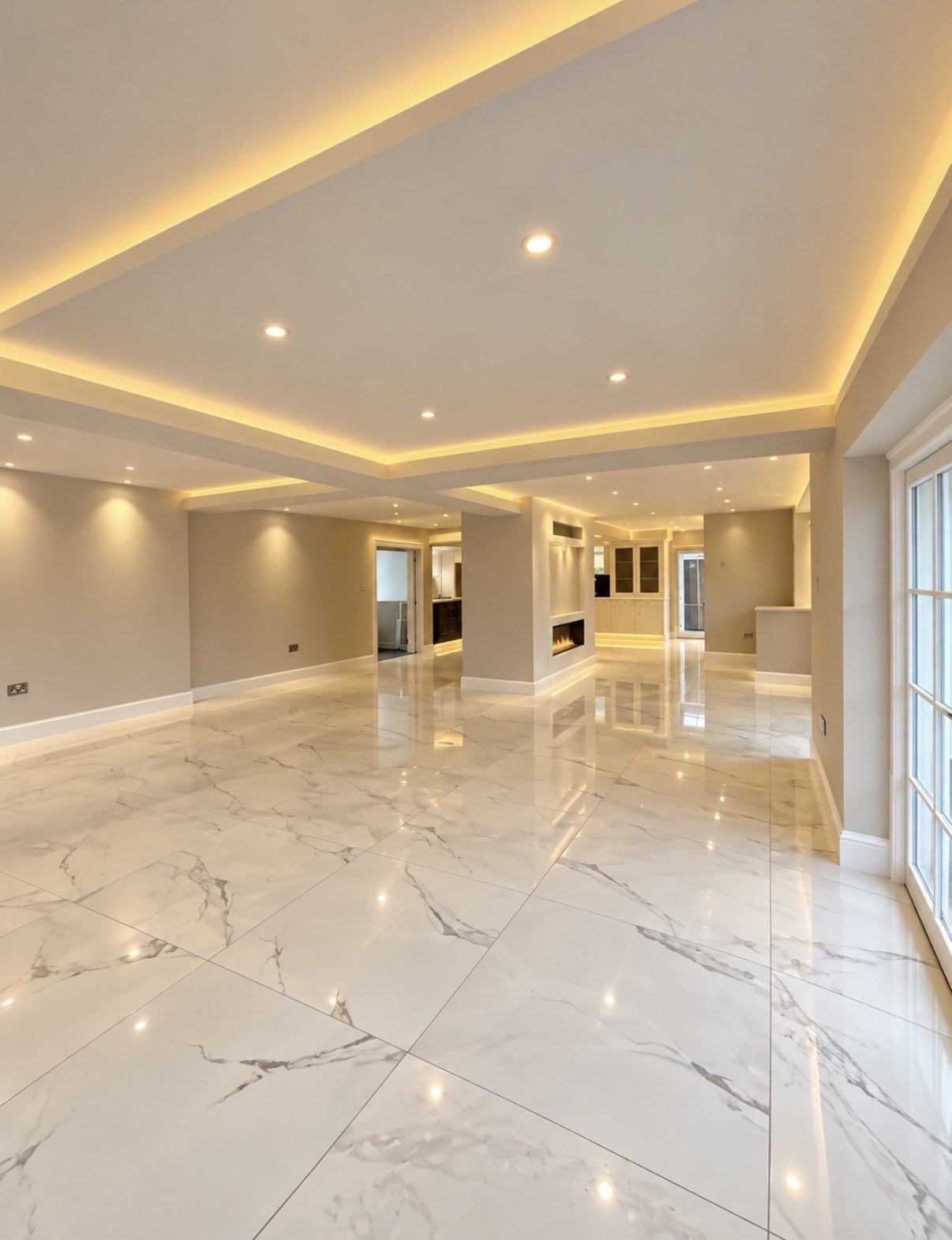 Bright modern interior with smooth walls, recessed lighting and marble-effect flooring